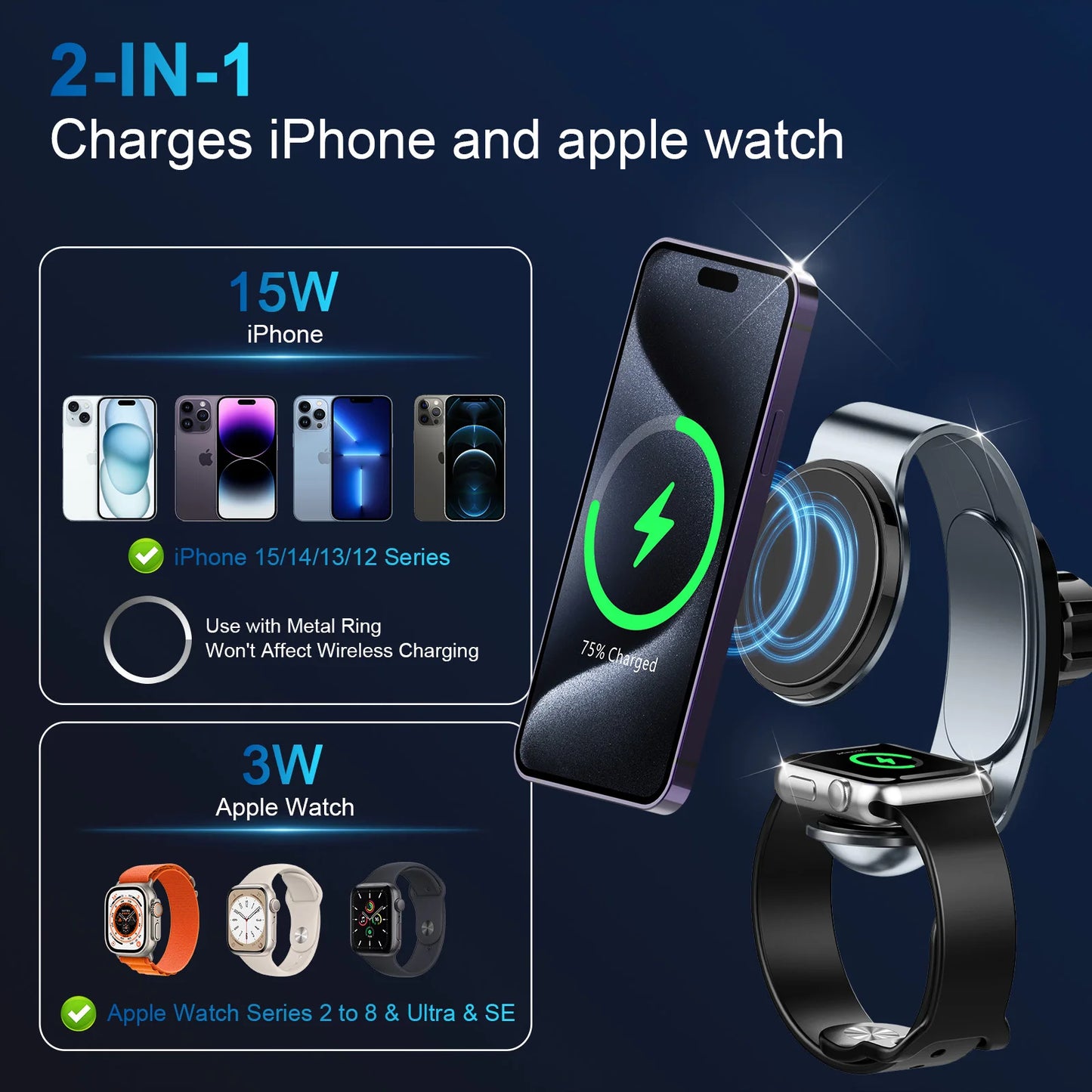 2 in 1 Wireless Car Charger for Phone/Watch